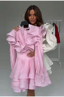 Vestido Curto Manga Longa Com Babados em Crepe Rosa