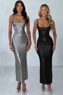 Vestido Midi Alça Fina Cintilante Cinza