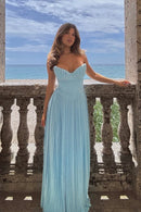 Vestido Longo Chiffon Plissado Tomara Que Caia Azul Ciano