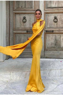 Vestido Longo Cetim Um Ombro Só Com Amarração No Pescoço Amarelo