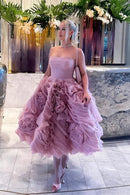 Vestido Midi Rodado Flores 3D Rosa