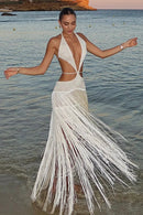 Vestido Longo De Franjas Com Recortes Assimétricos Off White