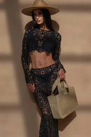 Conjunto 2 Peças Cropped e Saia Rendado Floral Preto