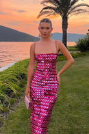 Vestido Longo Bordado De Lantejoulas Alça Fina Vermelho Rosé