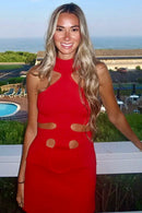 Vestido Curto Com Recortes Assimétricos Gola Halter Vermelho