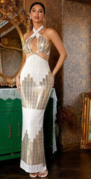 Vestido Longo De Paetês Decote Cruzado Com Amarração No Pescoço