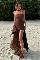 Vestido Longo Tomara Que Caia Assimétrico Sobreposto Marrom