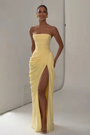 Vestido Longo Tomara Que Caia Com Fenda Drapeado Amarelo