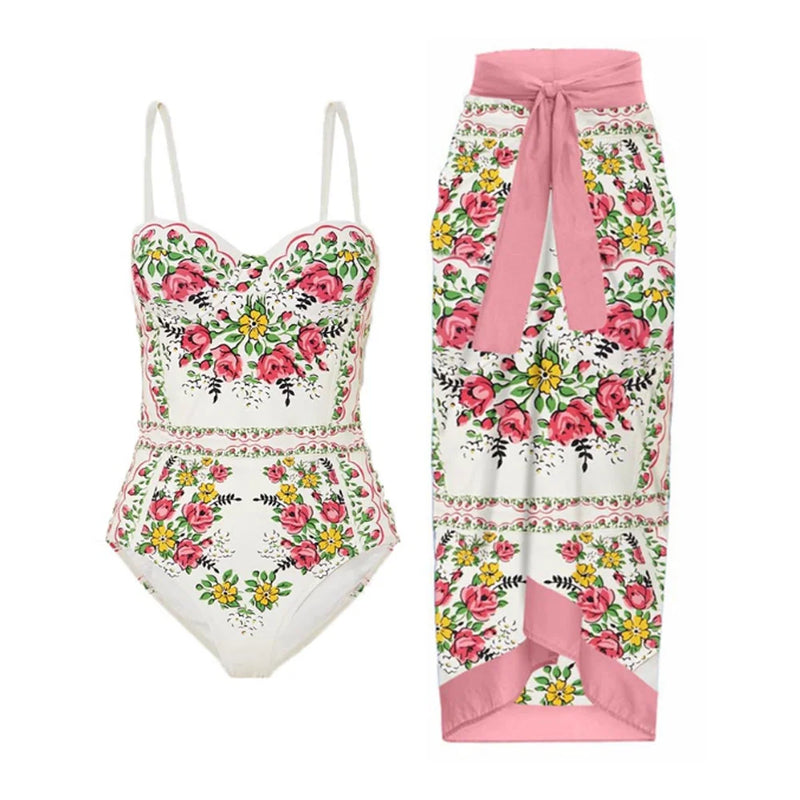 Conjunto 2 Peças Maiô e Saia Estampa Rosa Primavera