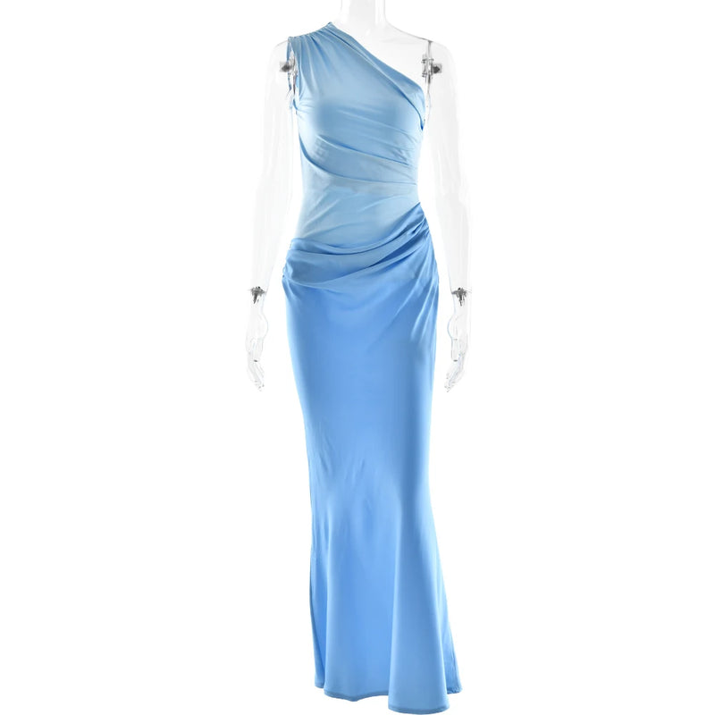 Vestido Longo Em Cetim Um Ombro Só Drapeado Azul
