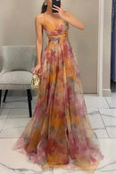 Vestido Longo Em Tule Com Alça Fina Estampa Floral Rosa