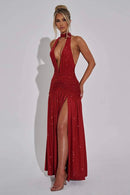 Vestido Longo Todo em Lurex Brilhoso Com Fenda Frontal Vermelho