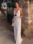 Vestido Longo De Musseline Alça Fina Flor 3D Branco