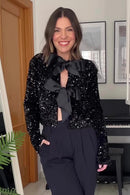 Jaqueta Curta De Lantejoulas Manga Longa Preto