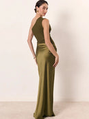 Vestido Longo Em Cetim Um Ombro Só Drapeado Azul