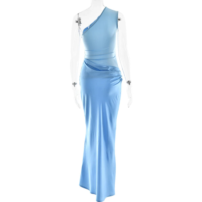 Vestido Longo Em Cetim Um Ombro Só Drapeado Azul