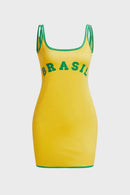 Vestido Curto Com Alça Fina Amarelo Estampa Brasil