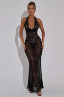 Vestido Longo Translucido Gola Solta Com Brilho Preto