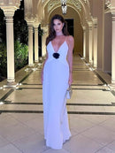 Vestido Longo De Musseline Alça Fina Flor 3D Branco