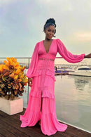 Vestido Longo Manga Longa Gola V Com Babados Rosa