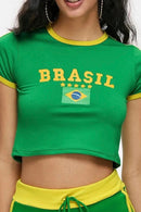 Cropped Manga Curta Com Logo Do Brasil