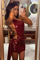 Vestido Curto De Paetê Assimétrico Com Cauda Vinho