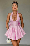 Vestido Curto Rodado Decote V Com Laço Rosa