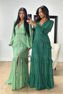 Vestido Longo Manga Longa Gola V Com Babados Verde