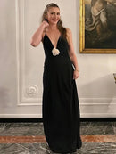 Vestido Longo De Musseline Alça Fina Flor 3D Preto