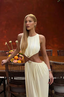 Vestido Longo Efeito Molhado Assimétrico Off White