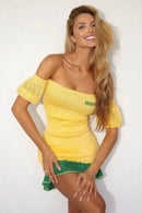 Vestido Curto De Tricô Manga Curta Temática Do Brasil