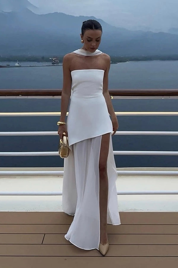 Vestido Longo Tomara Que Caia Assimétrico Sobreposto Branco