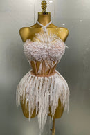 Macaquinho Em Tule Sem Manga Com Pérolas e Franjas Branco