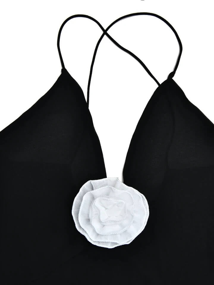 Vestido Longo De Musseline Alça Fina Flor 3D Preto
