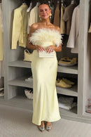 Vestido Longo Em Cetim Com Plumas Tomara Que Caia Amarelo