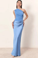 Vestido Longo Em Cetim Um Ombro Só Drapeado Azul