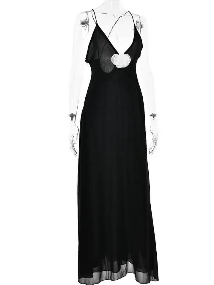 Vestido Longo De Musseline Alça Fina Flor 3D Branco