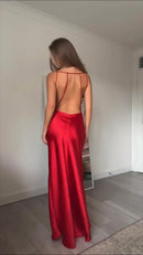 Vestido Longo De Cetim Alça Fina Vermelho