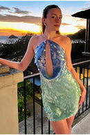 Vestido Curto Lantejoulas Bicolor