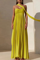 Vestido Longo Plissado Decote Coração Verde Neon