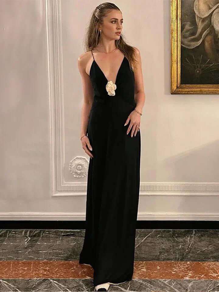 Vestido Longo De Musseline Alça Fina Flor 3D Branco