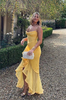 Vestido Longo Assimétrico Em Tule Com Fenda Amarelo