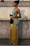 Vestido Longo Estampado Com Franjas