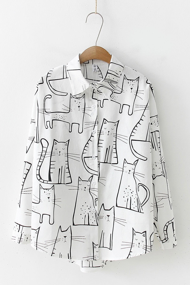Camisa Manga Comprida Estampa Felinos