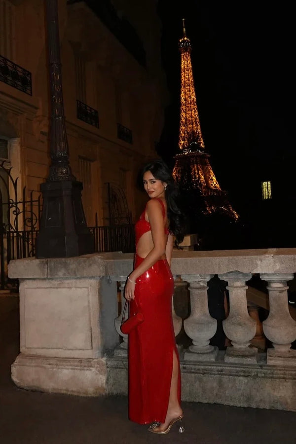 Vestido Longo De Paetês Com Alça Média Vermelho