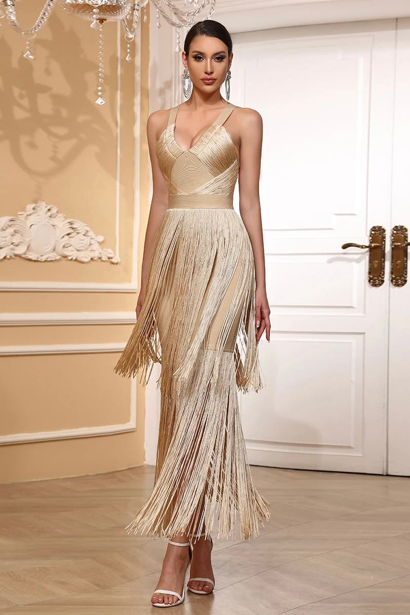 Vestido Longo De Malha Todo Em Franjas Pink