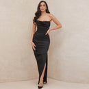 Vestido Longo Com Fenda Drapeado Preto