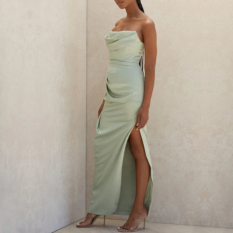 Vestido Longo Com Fenda Drapeado Preto