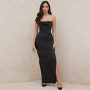 Vestido Longo Com Fenda Drapeado Preto