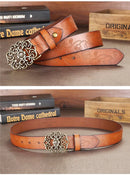 Cinto Couro Genuíno Fivela Floral Vintage